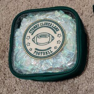 Stoney Clover Lane mini clear front pouch in emerald w/ sewn football patch